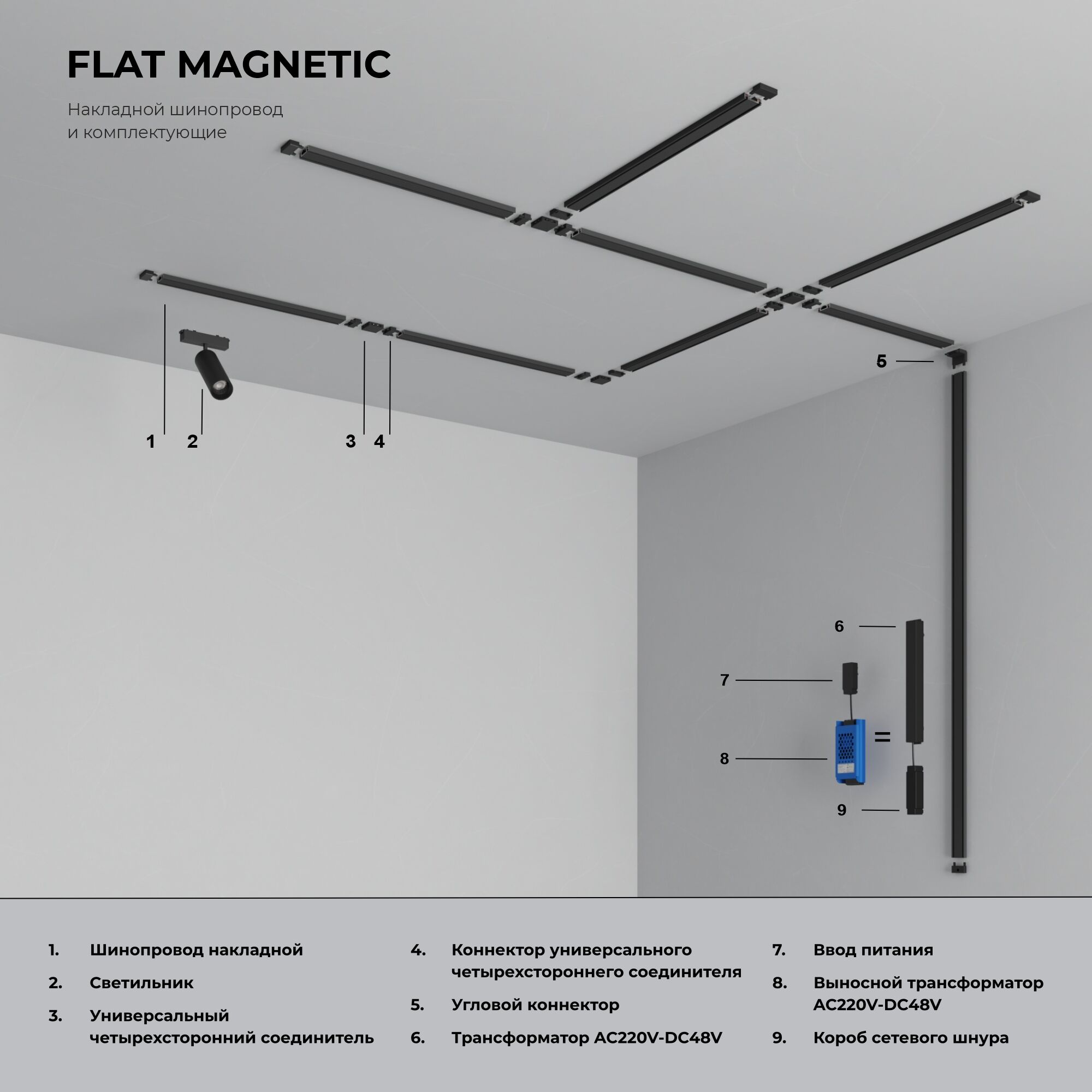 Flat Magnetic Коннектор для четырёхстороннего соединителя накладного шинопровода чёрный 85004/00