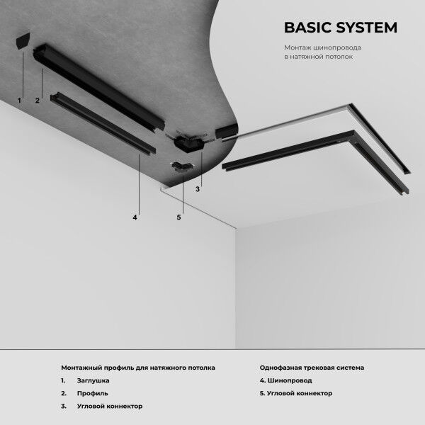 Basic System Алюминиевый профиль для монтажа в натяжной потолок однофазного шинопровода черный 2м 85234/00